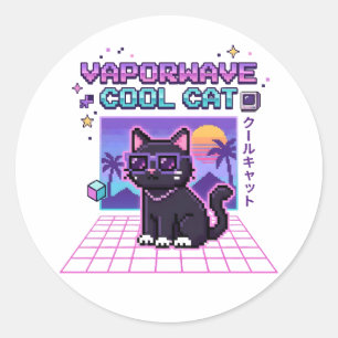 Y2K Vaporwave Pixel Cool Cat Grafische Hoodie   Ve Ronde Sticker