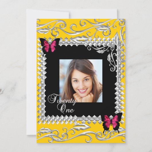 Y 21st Verjaardagsfeest Roze Zwarte Vlinders Kaart (Voorkant)