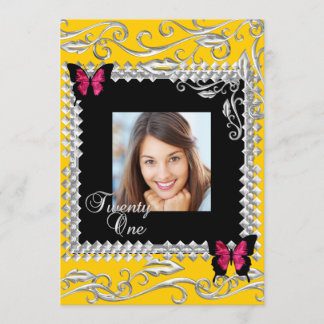 Y 21st Verjaardagsfeest Roze Zwarte Vlinders Kaart