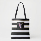 Y Gold Floral Monogram | Zwarte witte gouden strep Tote Bag (Voorkant)