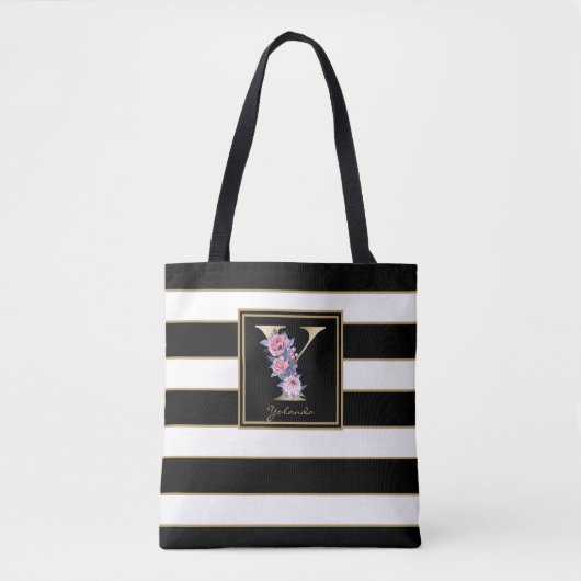 Y Gold Floral Monogram | Zwarte witte gouden strep Tote Bag (Voorkant)