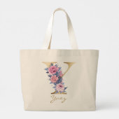 Y Letter Gold Monogram roze Blauw Floral Grote Tote Bag (Achterkant)