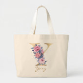 Y Letter Gold Monogram roze Blauw Floral Grote Tote Bag (Voorkant)