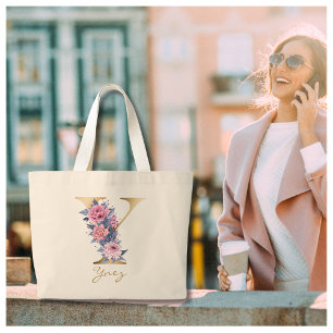 Y Letter Gold Monogram roze Blauw Floral Grote Tote Bag