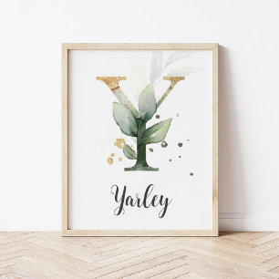 Y Letter Monogram Groene Nursery Naam Muurprint Poster
