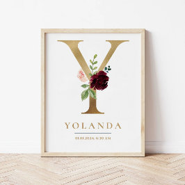 Y Letter Monogram Naam Marsala Bloemenkwekerij Poster