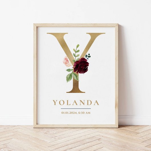 Y Letter Monogram Naam Marsala Bloemenkwekerij Poster