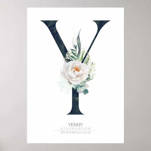 Y Letter Monogram Witte Bloemen en Groene Bladeren Poster (Voorkant)