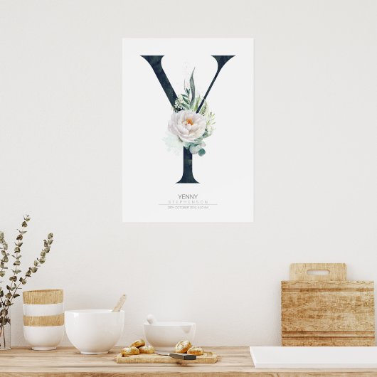 Y Letter Monogram Witte Bloemen en Groene Bladeren Poster (Keuken)