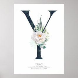 Y Letter Monogram Witte Bloemen en Groene Tinten Poster