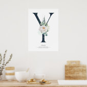 Y Letter Monogram Witte Bloemen en Groene Tinten Poster (Keuken)