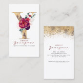 Y Monogram Gold Foil en Bourgogne Red Floral Visitekaartje (Voorkant / Achterkant)