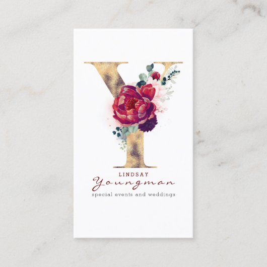 Y Monogram Gold Foil en Bourgogne Red Floral Visitekaartje (Voorkant)
