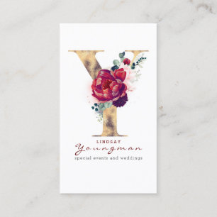 Y Monogram Gold Foil en Burgundy Red Floral Visitekaartje
