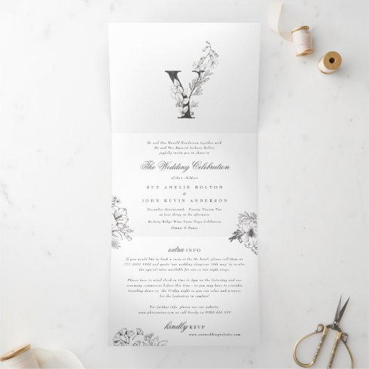 'Y' Monogram mooi geborsteld Floral Wedding Drieluik Uitnodiging (Binnen)
