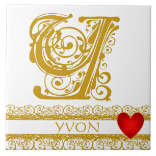 Y Monogram Naam Gold Lace Red Heart Sjabloon Tegel Tegeltje