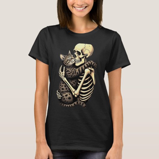 Y Skeleton Hugging Cat Halloween Lovers Human Pro T-shirt (Voorkant)
