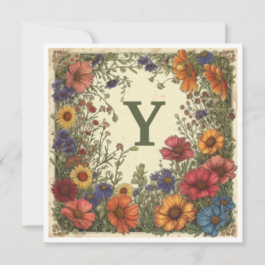 "Y" Verdigris Groen: Bloom & Monogram Feestdagenkaart (Voorkant)
