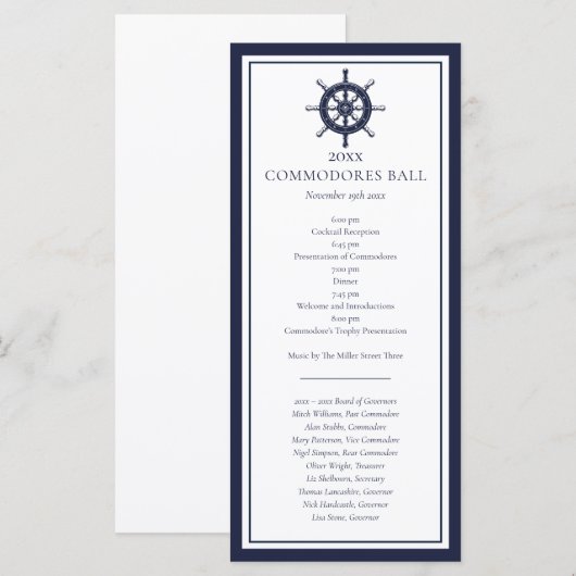 Yacht Club Menu Nautical Navy Blue Programma (Voorkant / Achterkant)