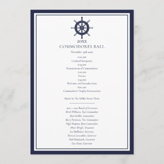 Yacht Club Menu Nautical Navy Blue Programma (Voorkant)