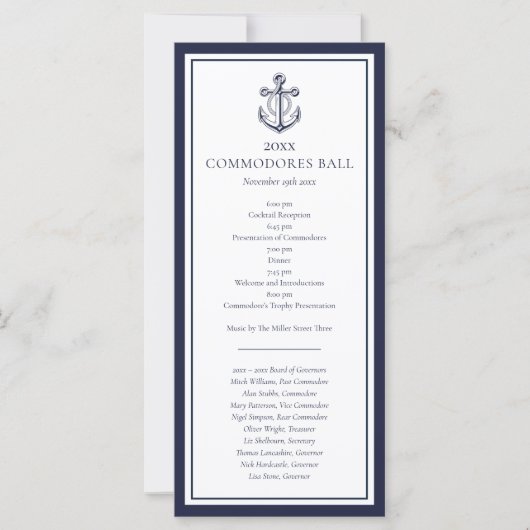 Yacht Club Nautical Navy Blue Menu Programma (Voorkant)