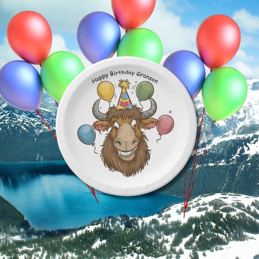 Yak hoofd met ballonnen cartoon papieren bordje