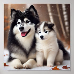 Yakutian Laika hond moeder en haar puppy Poster