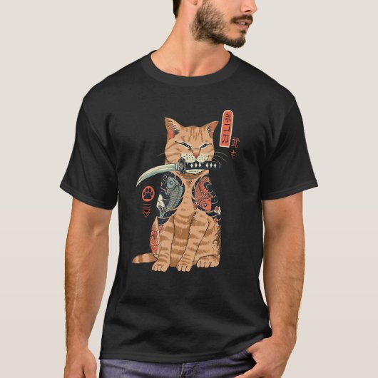 Yakuza Cat Japans Samurai Sword Katana Japan Tig T-shirt (Voorkant)