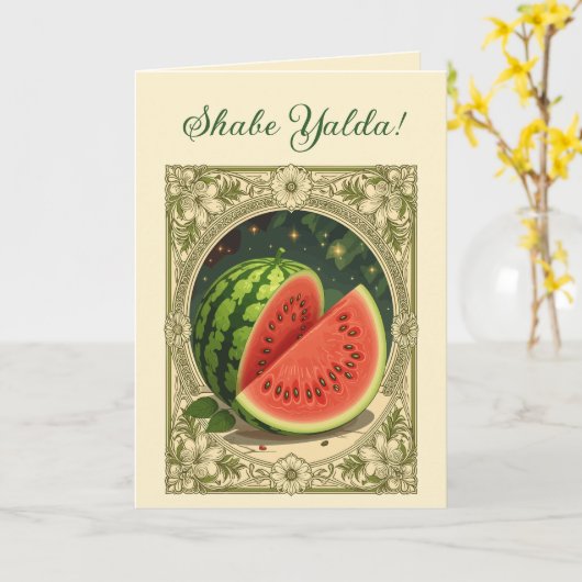 Yalda Watermelon Chelle Night Winter Solstice Kaart (Gele Bloem)