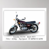 Yamaha TX750 1973-motorfiets - Afdrukformaat A3/A4 Poster (Voorkant)