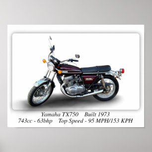 Yamaha TX750 1973-motorfiets - Afdrukformaat A3/A4 Poster