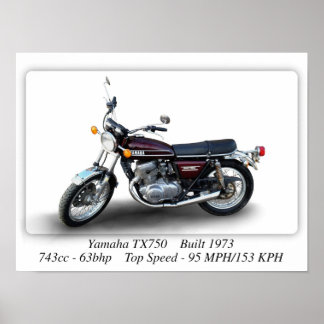 Yamaha TX750 1973-motorfiets - Afdrukformaat A3/A4 Poster