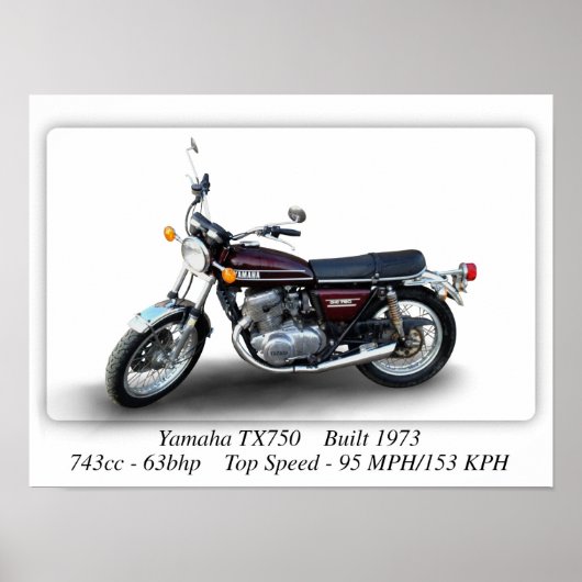 Yamaha TX750 1973-motorfiets - Afdrukformaat A3/A4 Poster (Voorkant)