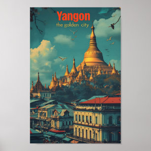 Yangon Myanmar  kunst reisillustratie Poster