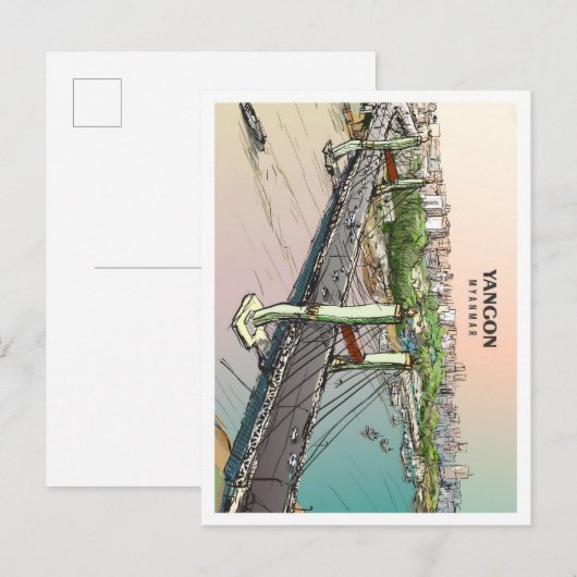 Yangon Myanmar Sketch Art Vintage Travel Briefkaart (Voorkant / Achterkant)