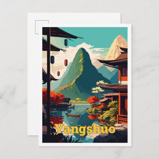 Yangshuo China Travel Art Vintage Illustratie Briefkaart (Voorkant / Achterkant)