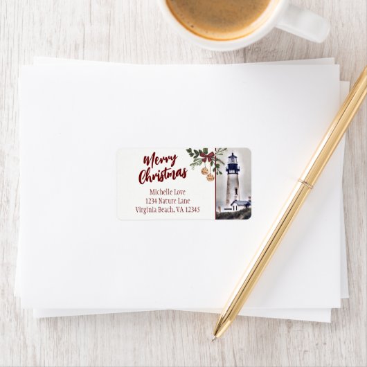 Yaquina Head Lighthouse Merry Kerstadres Etiket (Insitu)