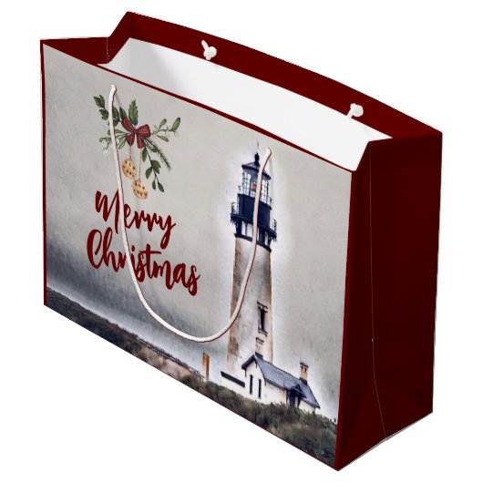 Yaquina Head Lighthouse Merry Kerstfeestdag Groot Cadeauzakje (Achterkant Gekanteld)