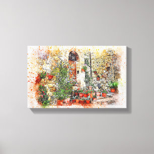 Yard Tuin Bloem Deur Venster Potsteen Canvas Afdruk