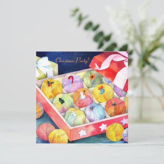 Yarn Balls Gift Box Kerstparty Uitnodiging (Staand voorkant)