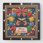 Yarn Wreath Knitting Merry Christmas Vierkante Klok (Voorkant)