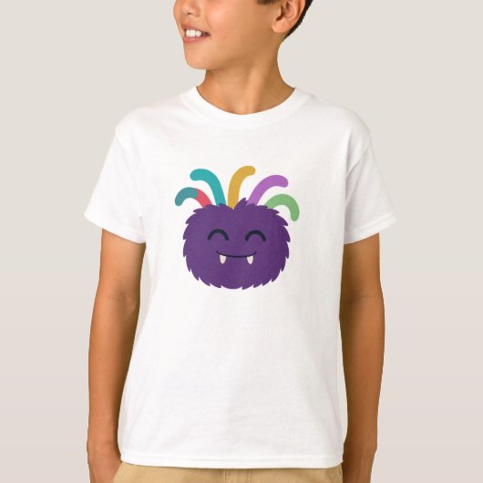 Yarnaby the Fuzzy Monster – Schattigee regenboogte T-shirt (Voorkant)