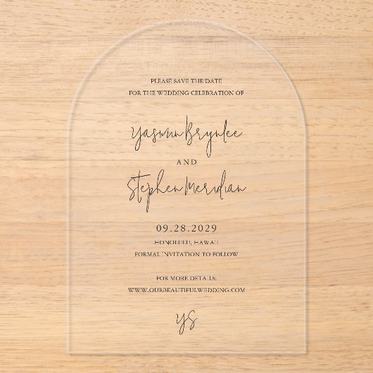 Yasmin Modern Elegant Wedding Save the Date Acryl Uitnodigingen (Voorkant)