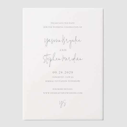 Yasmin Modern Elegant Wedding Save the Date Vellum Uitnodigingen (Voorkant)