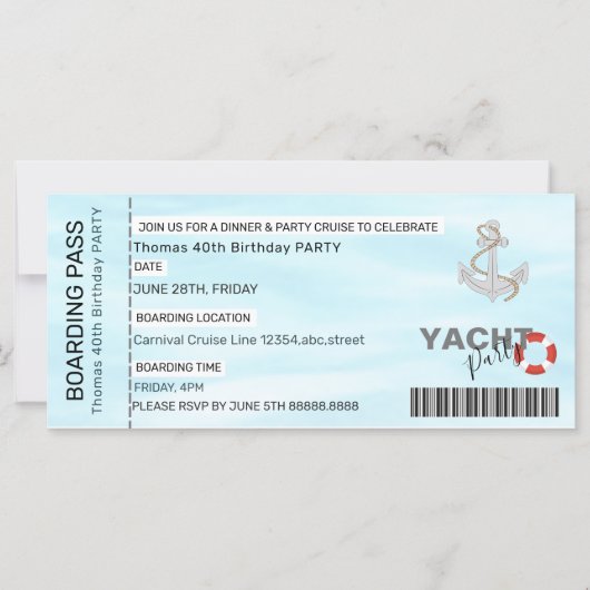 YATCH PARTY BOOT PARTY BOARDING PASS (Voorkant)