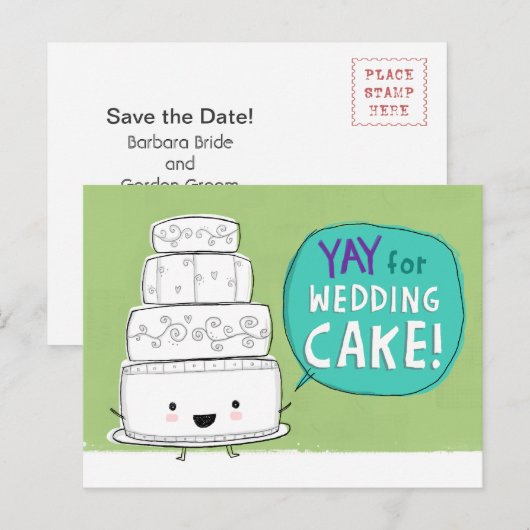 Yay voor bruidstaart! Grappige huwelijksaankondigi Aankondigingskaart (Voorkant / Achterkant)
