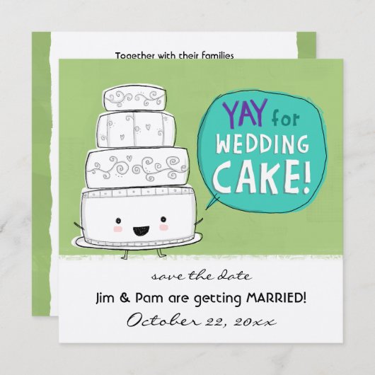 YAY voor de bruiloft Cake! Funny Wedding Announcem Save The Date (Voorkant / Achterkant)