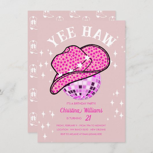 Yee Haw Blush Pink Disco Cowgirl Rodeo Verjaardag Kaart (Voorkant / Achterkant)