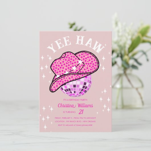Yee Haw Blush Pink Disco Cowgirl Rodeo Verjaardag Kaart (Staand voorkant)