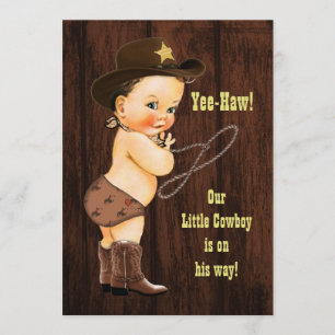 Yee-Haw! Brunette Cowboy Rustic Baby shower Kaart